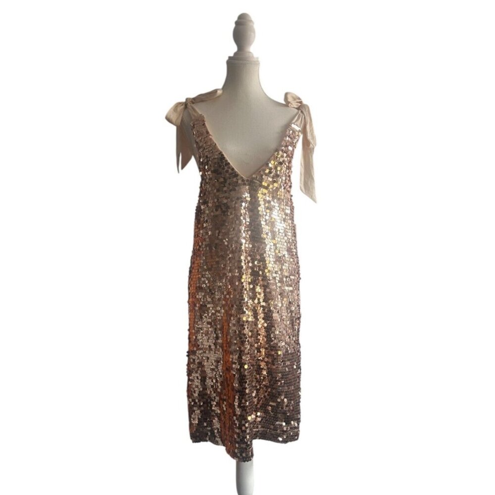 Aura Women's Gold Sequin Sleeveless Adjustable Ties Low Cut V-Neck Dress Small